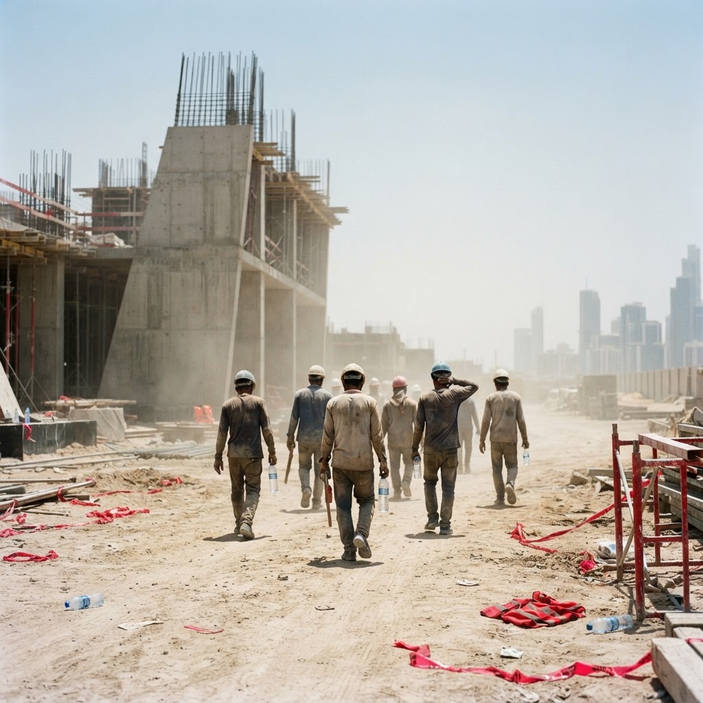 Construction workers in Doha during the midday heat.