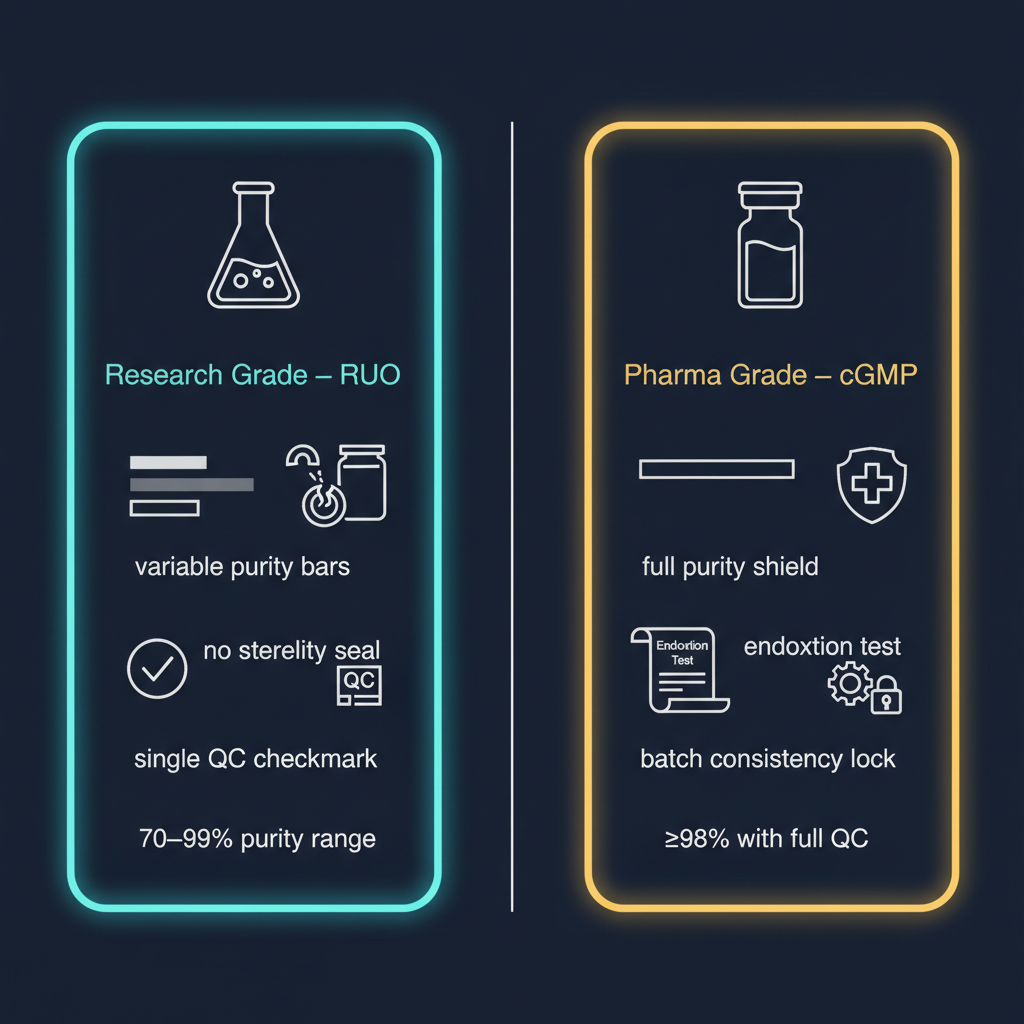 Side-by-side comparison showing research-grade peptide labeled RUO with variable purity range, no sterility seal, and a single QC check; versus pharmaceutical-grade cGMP peptide with full purity bar, sterility shield, endotoxin certificate, and batch consistency.