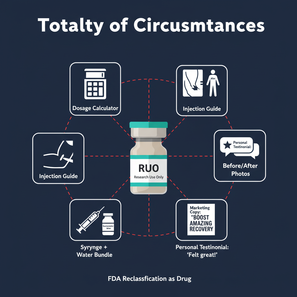 A diagram showing how seemingly innocuous vendor behaviors — dosage calculators, injection guides, before/after photos, customer testimonials, bundled needles, and recovery-claim language — collectively reclassify a research-labeled peptide as an unapproved drug under the FDA's totality of circumstances standard.