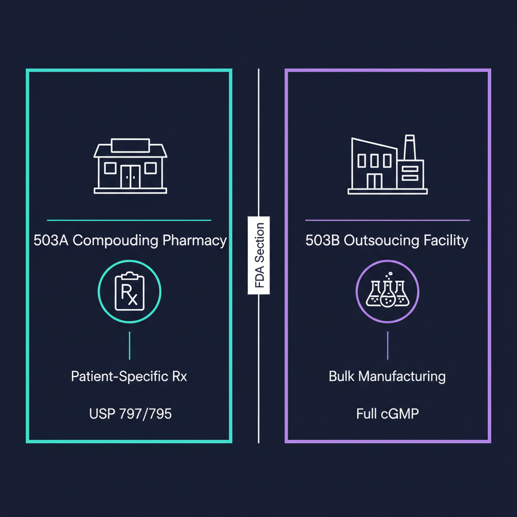Side-by-side comparison of a 503A patient-specific compounding pharmacy and a 503B outsourcing facility under FDA Section 503.