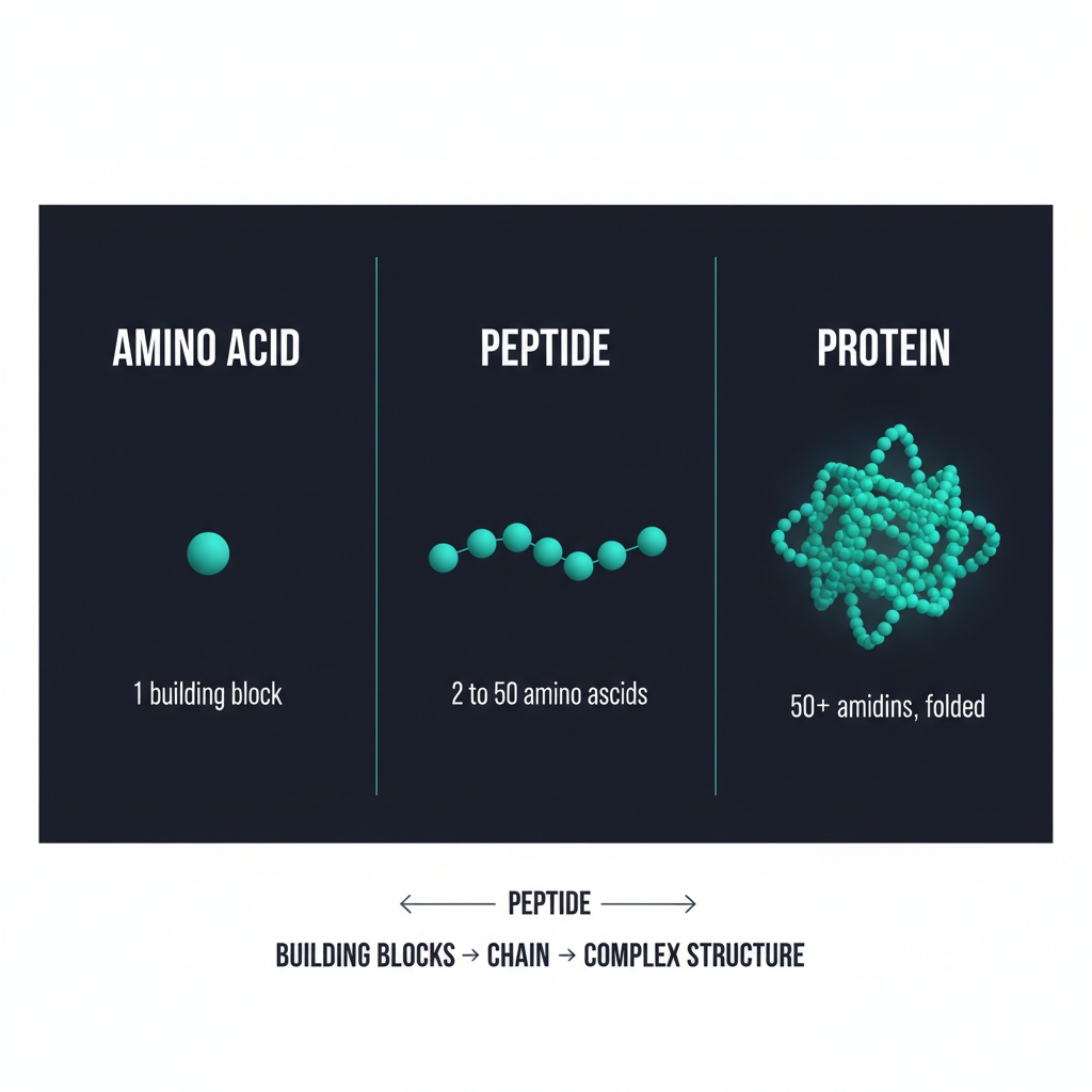 Diagram comparing a single amino acid, a peptide chain of 5-10 amino acids, and a folded protein with 100+ amino acids.