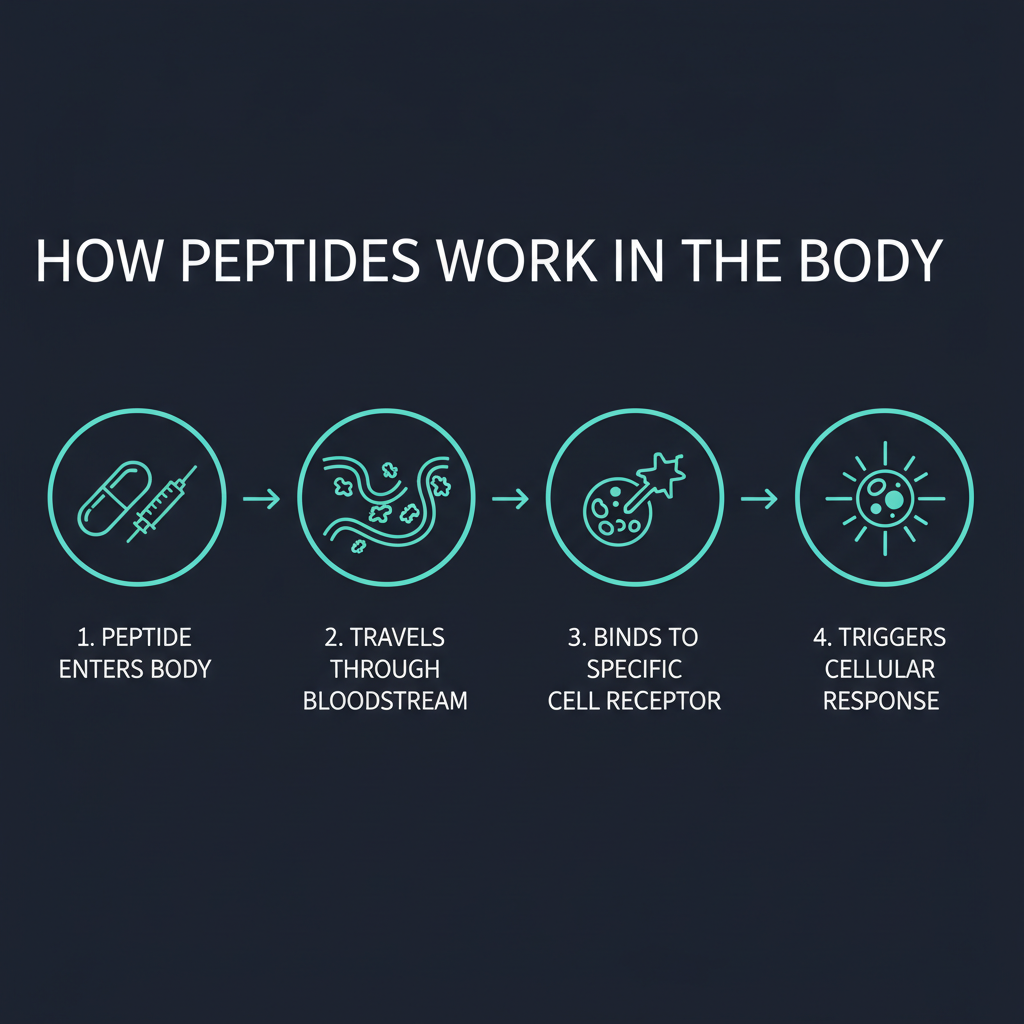 Four-step diagram showing how a peptide enters the body, travels through the bloodstream, binds to a cell receptor, and triggers a cellular response.