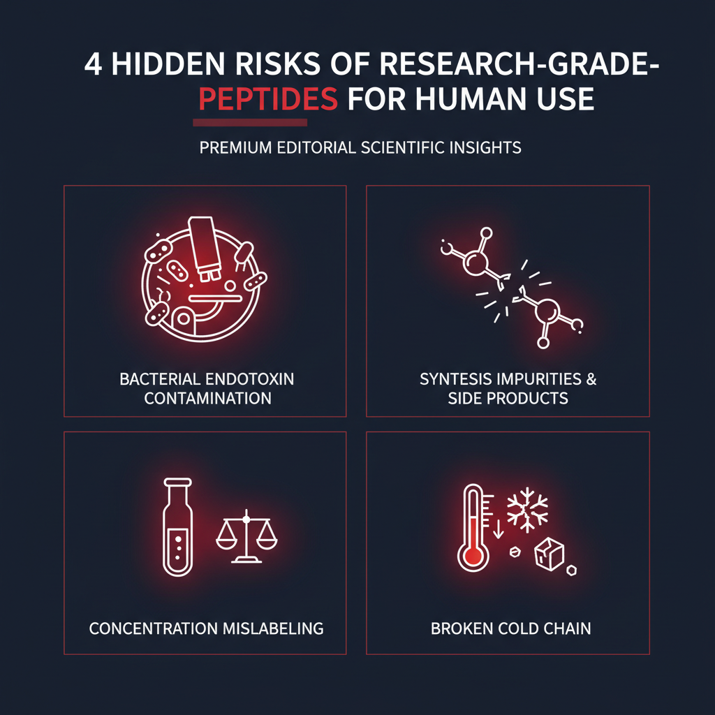 Four hidden risks of research-grade peptides for human use: bacterial endotoxin contamination, uncharacterized synthesis impurities, concentration mislabeling, and broken cold chain on delivery.