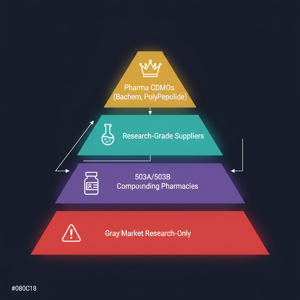 Pyramid diagram showing four tiers of peptide suppliers: pharmaceutical CDMOs at the top, then research-grade suppliers, then 503A/503B compounding pharmacies, then the gray market at the bottom.