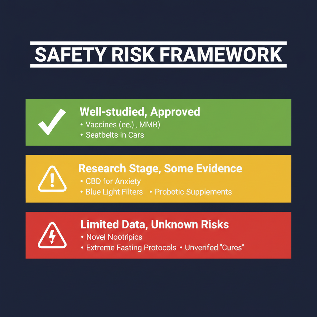 Traffic-light style safety chart with three tiers: well-studied and approved (green), research stage (yellow), and limited data (red).