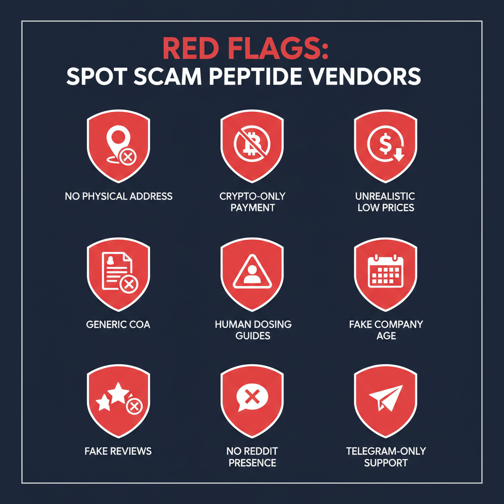 Nine red warning badges showing the most common red flags of a fraudulent peptide vendor: no physical address, crypto-only payment, unrealistic prices, generic COA, human dosing on research-only products, fake company age, fake reviews, no organic Reddit presence, and Telegram-only support.
