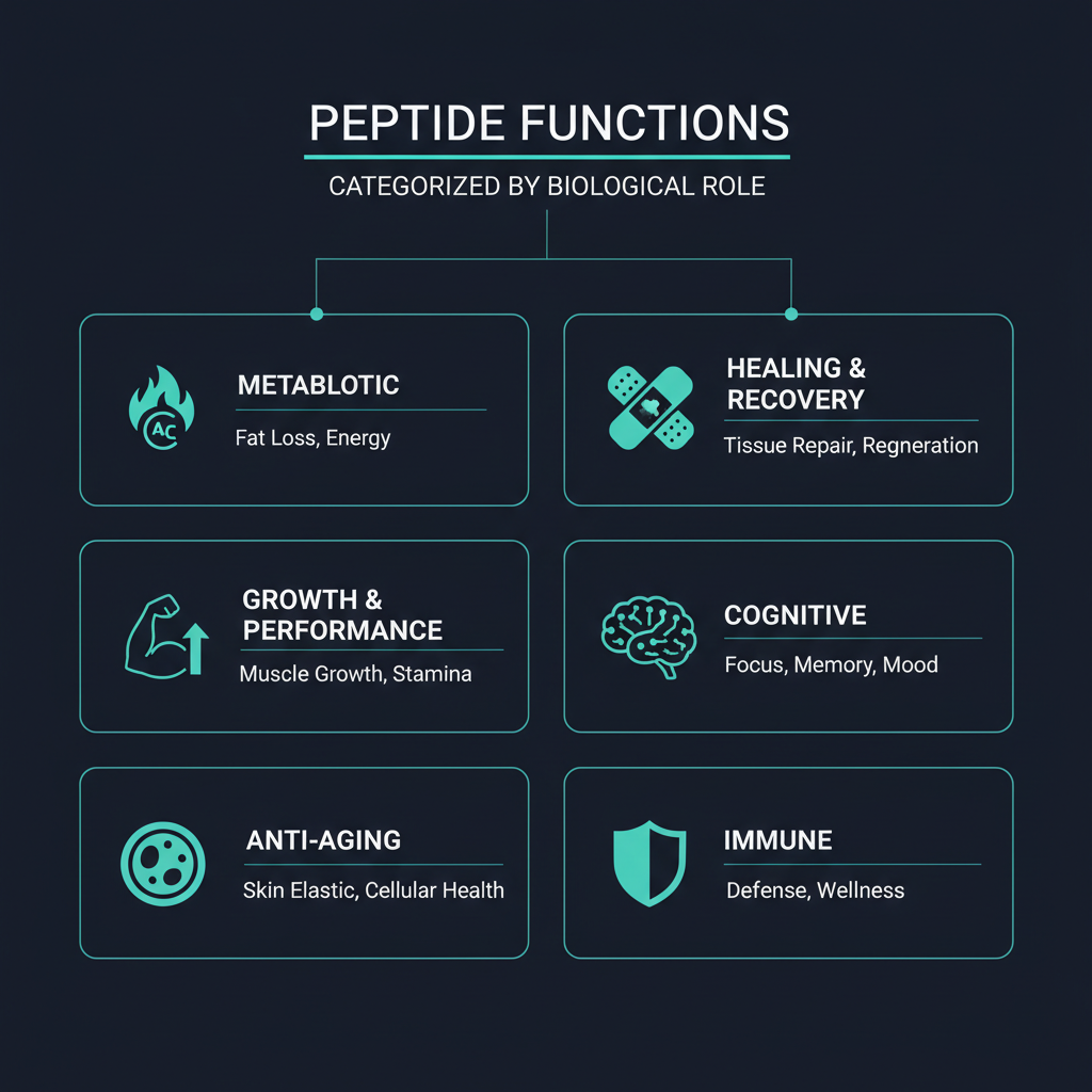 Six categories of peptides: metabolic, healing & recovery, growth & performance, cognitive, anti-aging, and immune.