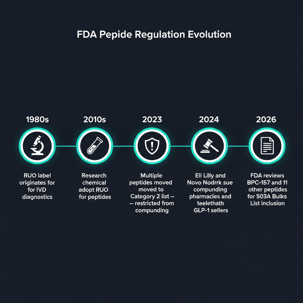 Timeline showing the evolution of FDA peptide regulation from the 1980s through 2026, marking the origin of the RUO label, its adoption by research-chemical vendors, the 2023 Category 2 designations, the 2024 Eli Lilly and Novo Nordisk lawsuits, and the 2026 FDA PCAC review.