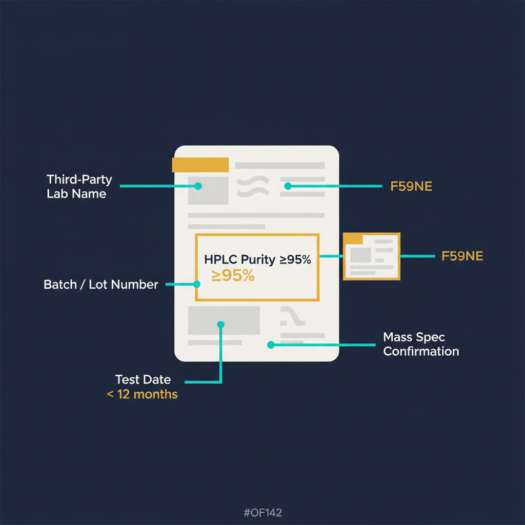 Annotated diagram showing the five required elements of a real Certificate of Analysis: third-party lab name, batch number, HPLC purity result, mass spectrometry confirmation, and test date.