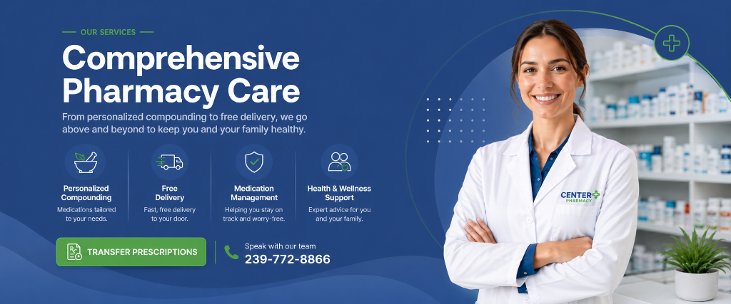 Center Pharmacy comprehensive pharmacy services banner with pharmacist and patient
