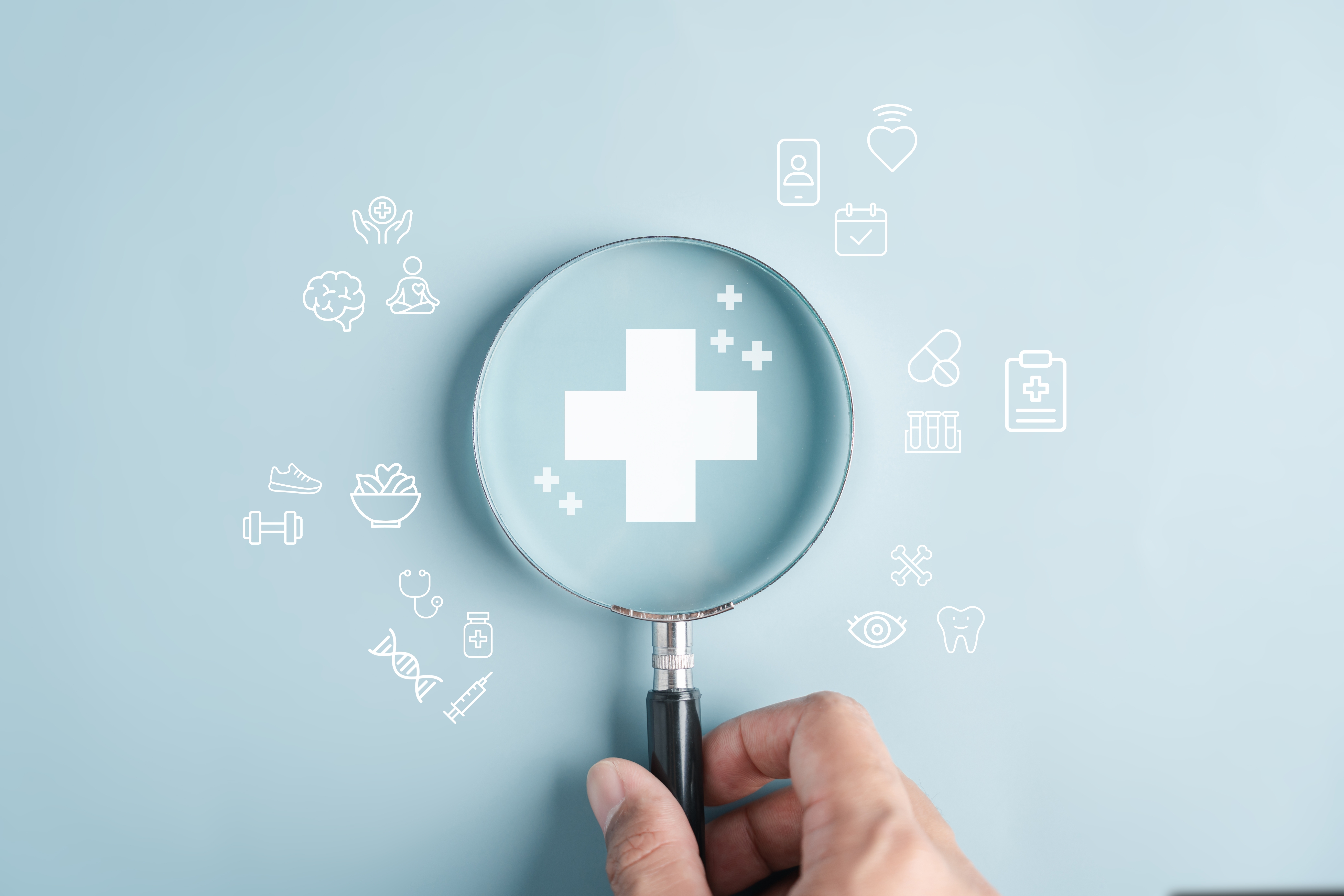 Center Pharmacy contact background with magnifying glass and health icons