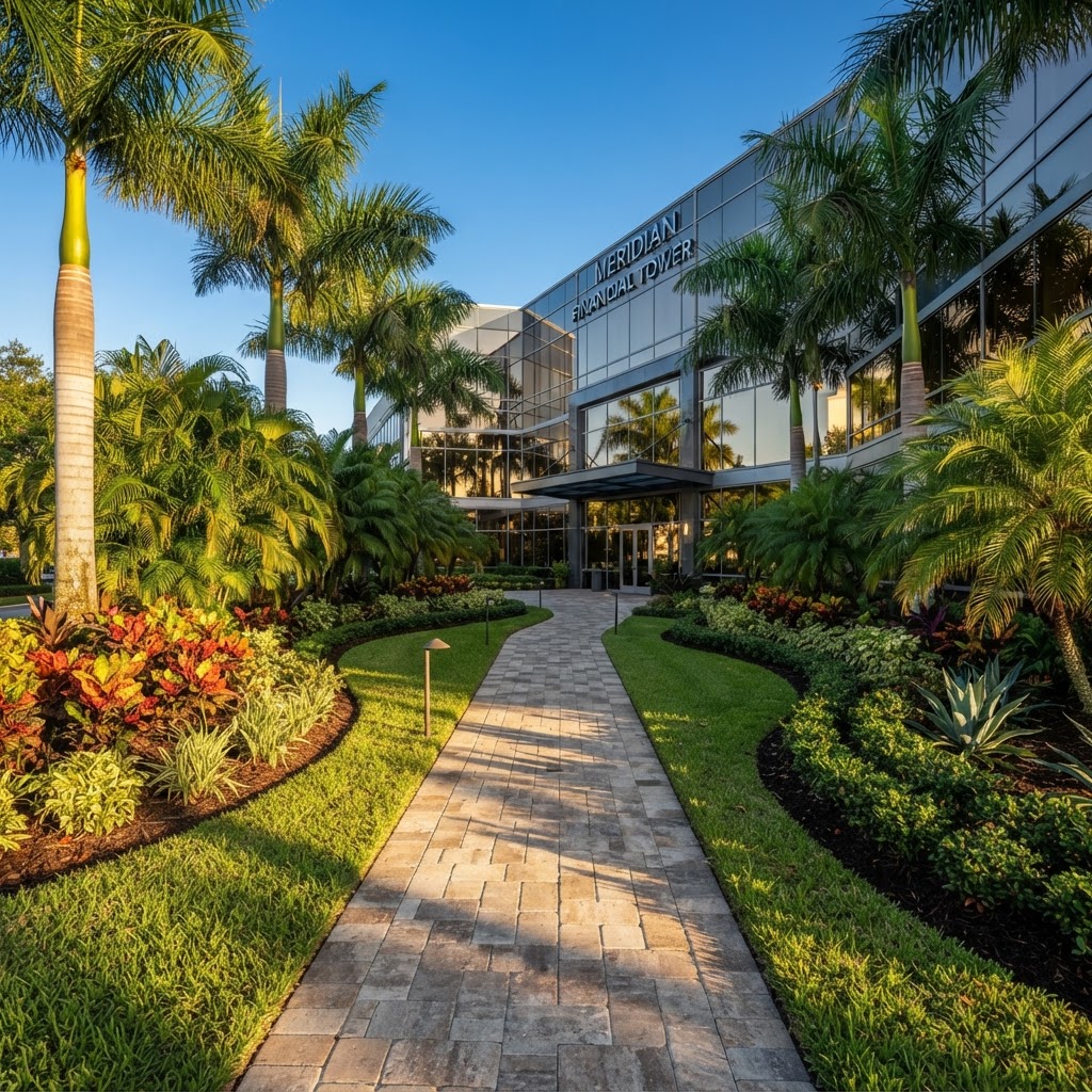 Architectural landscape design of a modern corporate campus at dusk