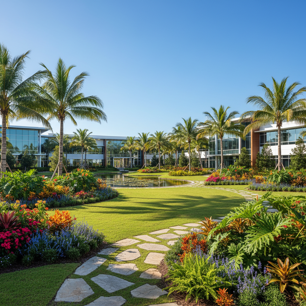 Architectural landscape design of a modern corporate campus at dusk