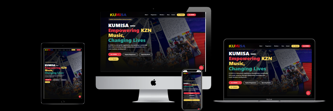 New KUMISA website displayed across desktop, tablet and mobile devices