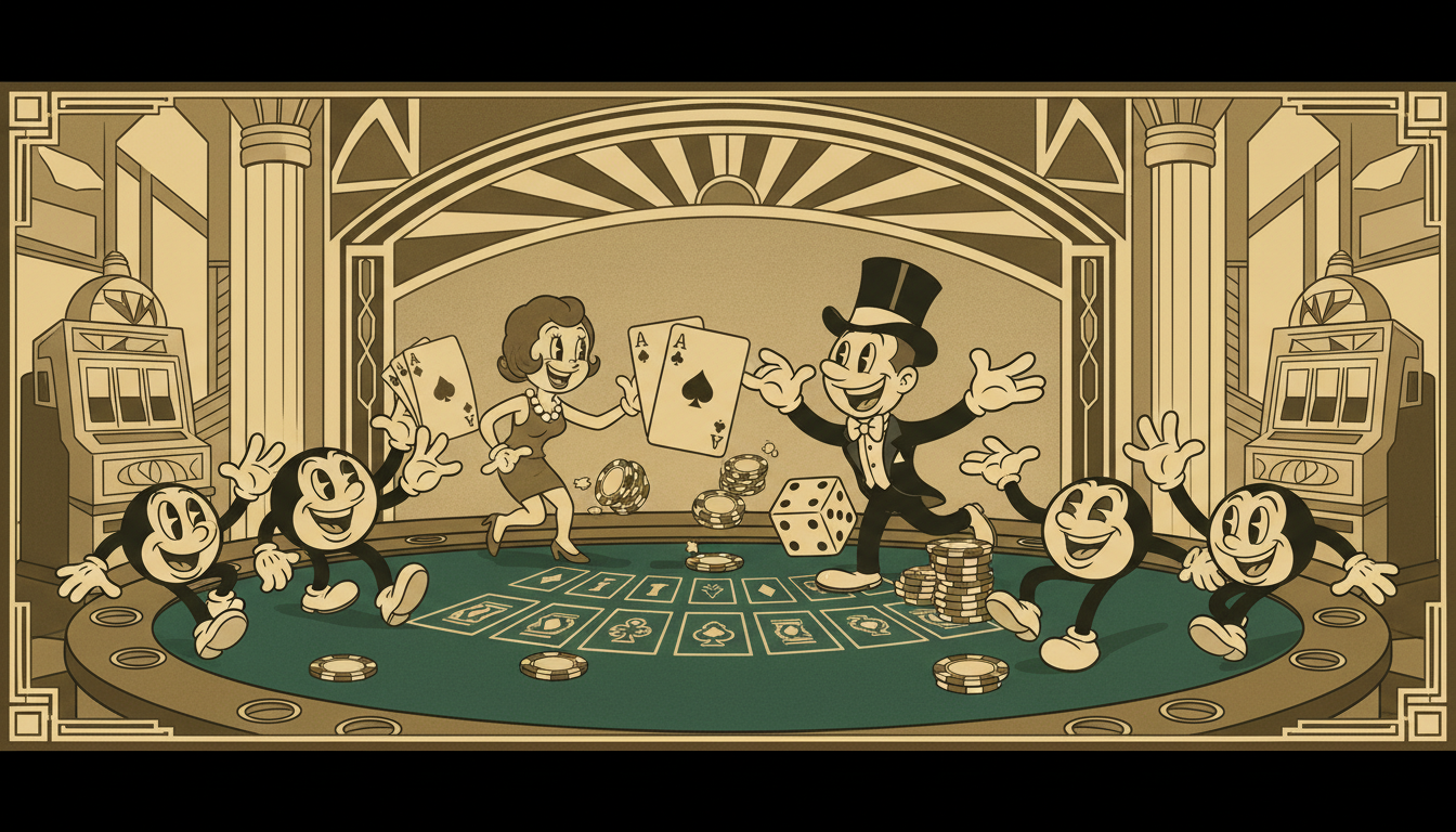 Vintage cartoon casino scene with playing cards and dice