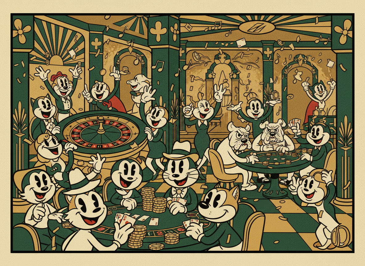 Cartoon casino party scene with characters playing games