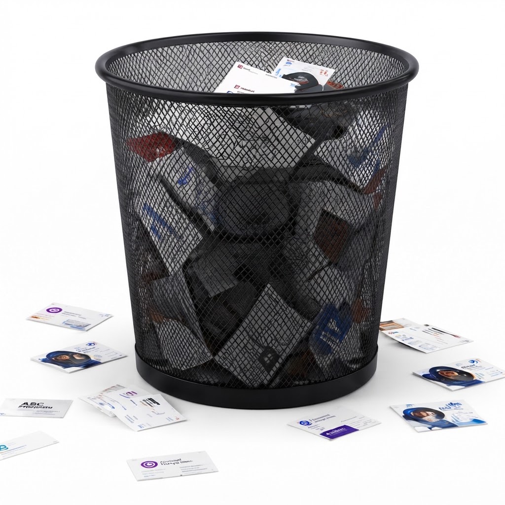Business cards being discarded into a Synexa trash bin
