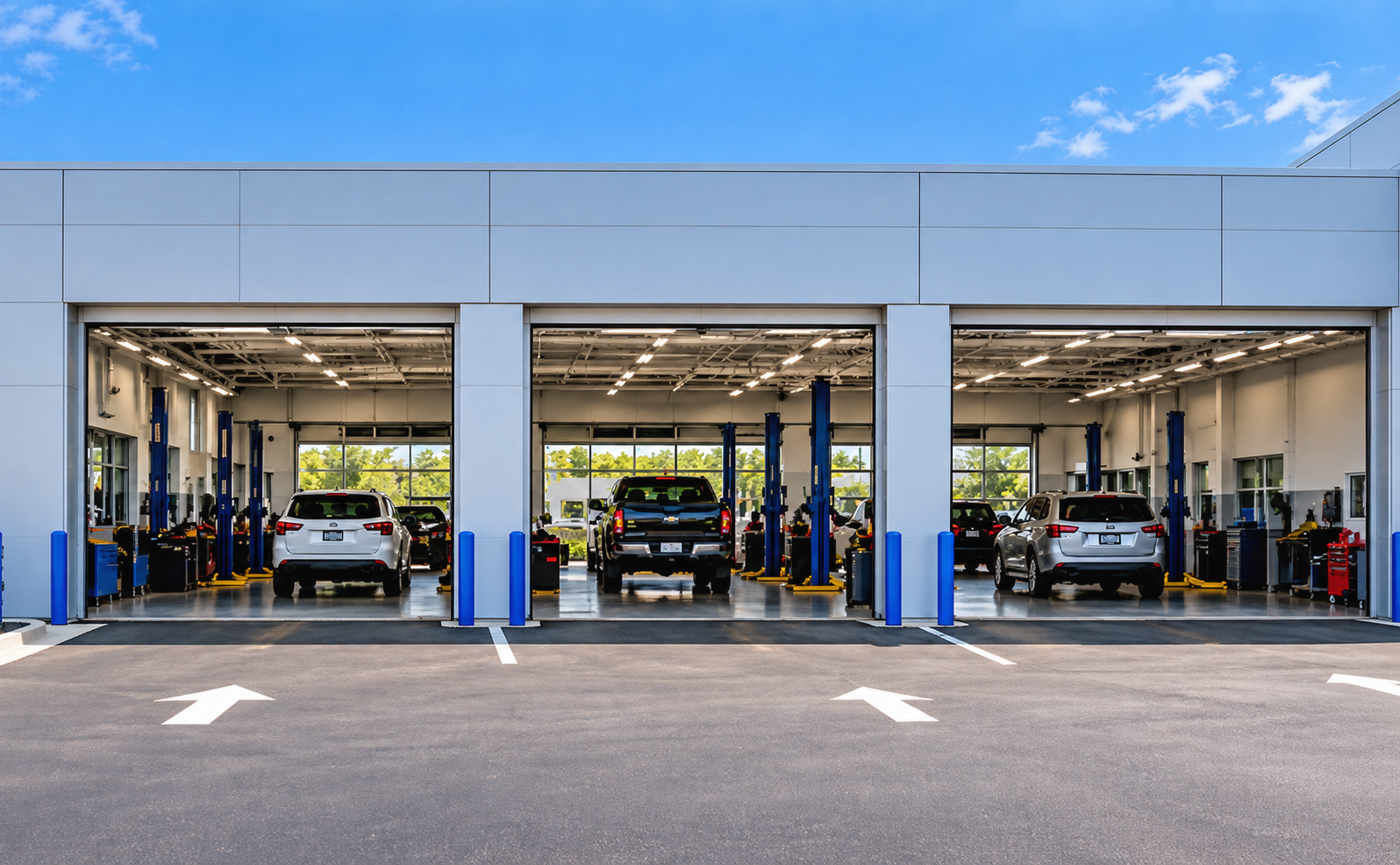 Dealership service center with open service bays