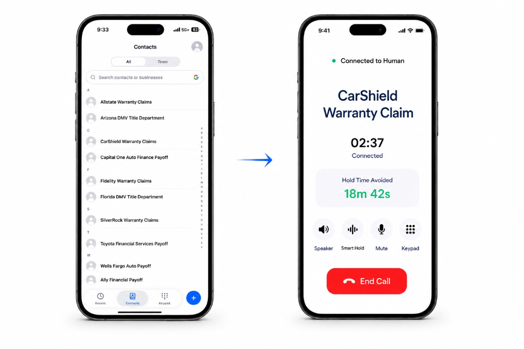 SynexaConnect — tap a contact, Synexa navigates the call, you talk to a person