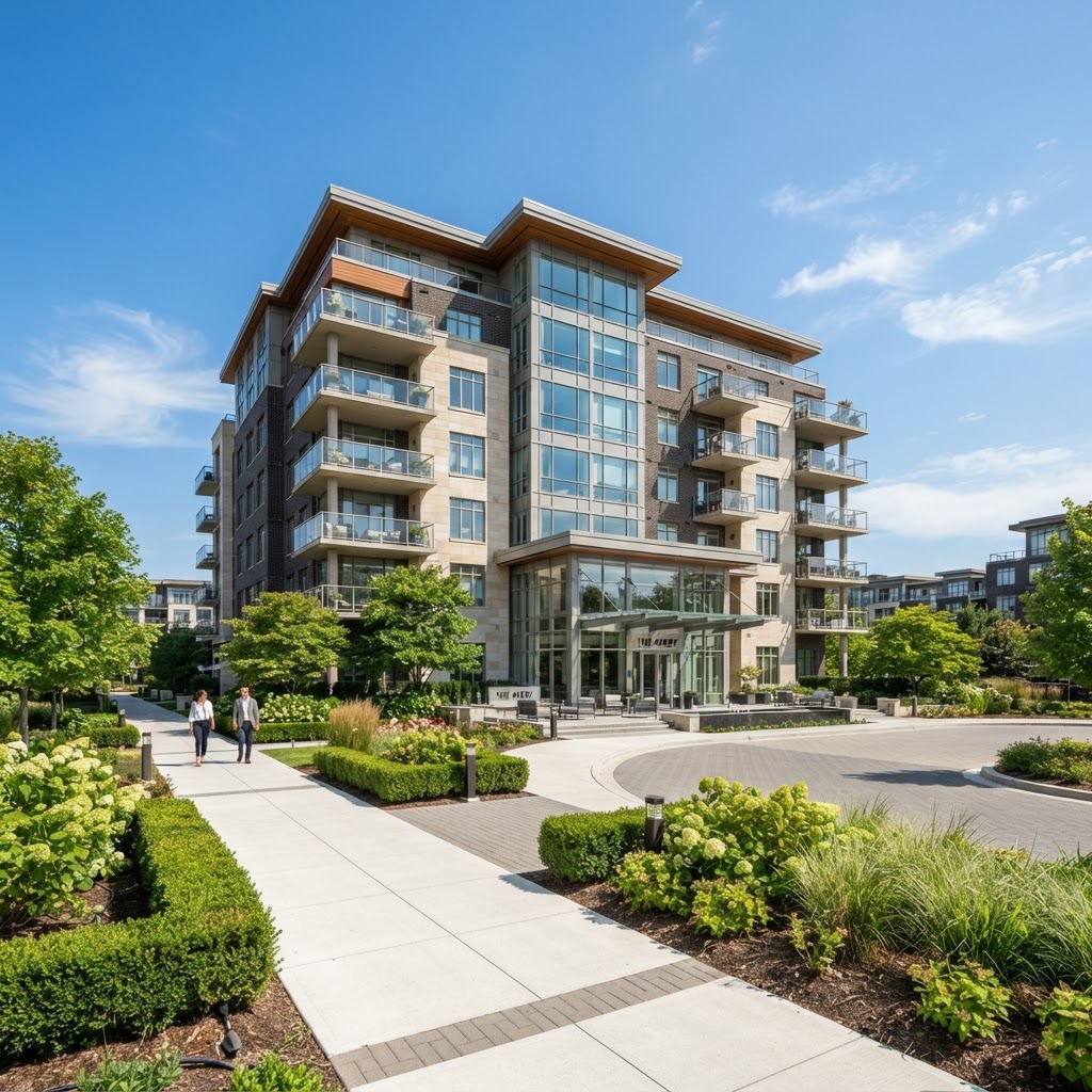 Modern apartment building with clean landscaping