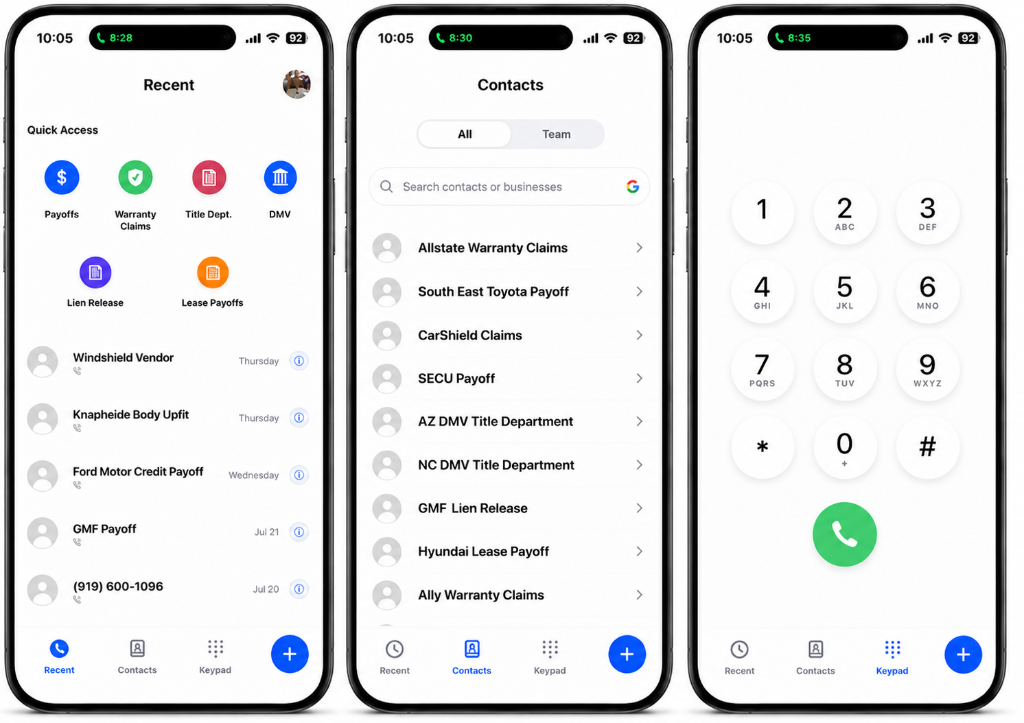 SynexaConnect on iPhone — Recent, Contacts, and Keypad screens