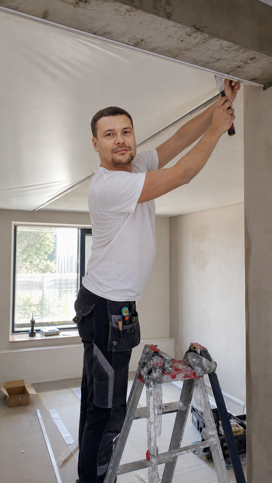 Roman Kronewald bei der professionellen Spanndecken-Montage in Aachen