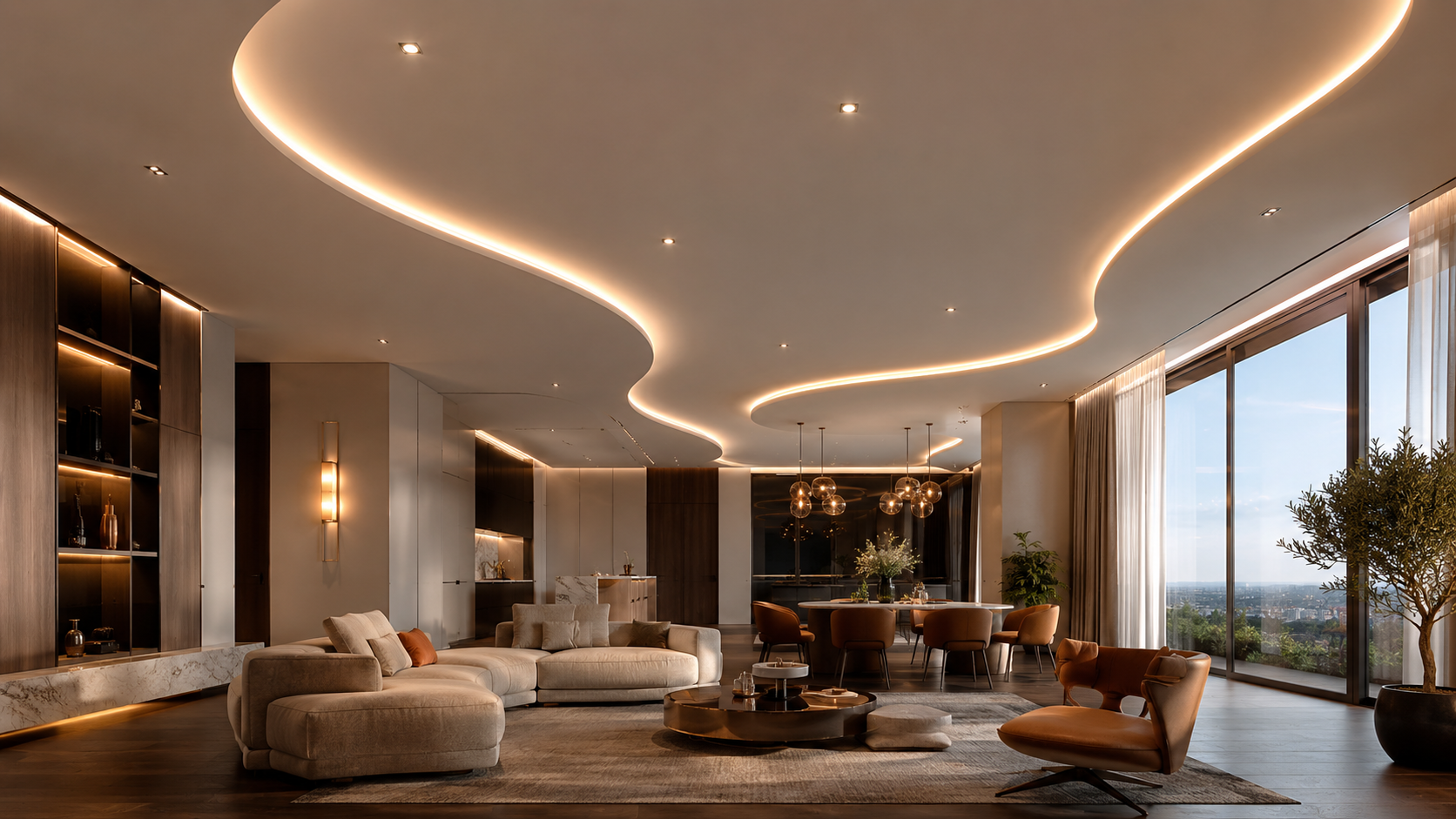 Elegantes Wohnzimmer mit moderner Spanndecke und LED-Beleuchtung – montiert von Kronewald Spanndecken Aachen