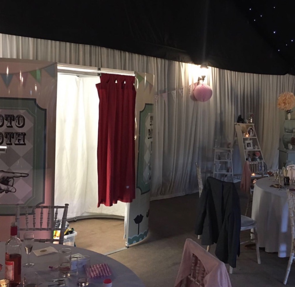 LD Photobooths open-air photobooth hire at a wedding reception in Basingstoke under a starlit marquee
