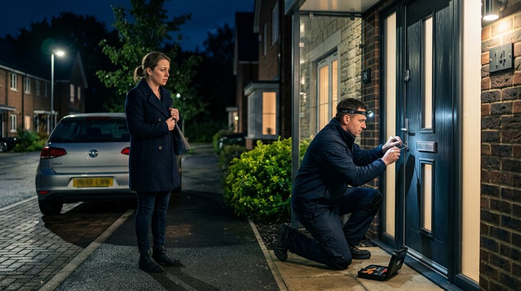 Locksmith gaining entry for a Hyde resident locked out at night