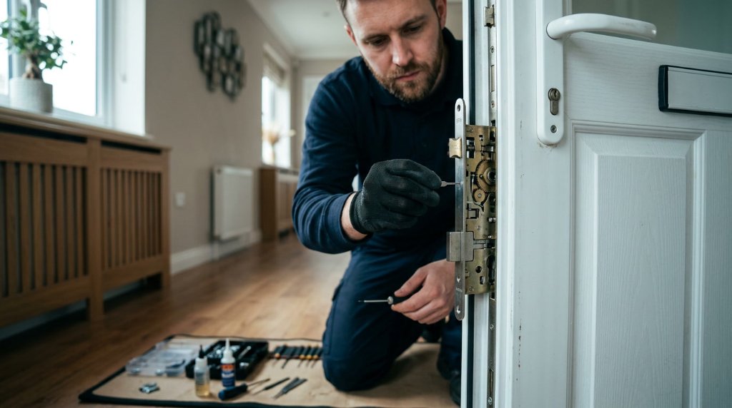 Locksmith repairing a uPVC door lock in Denton