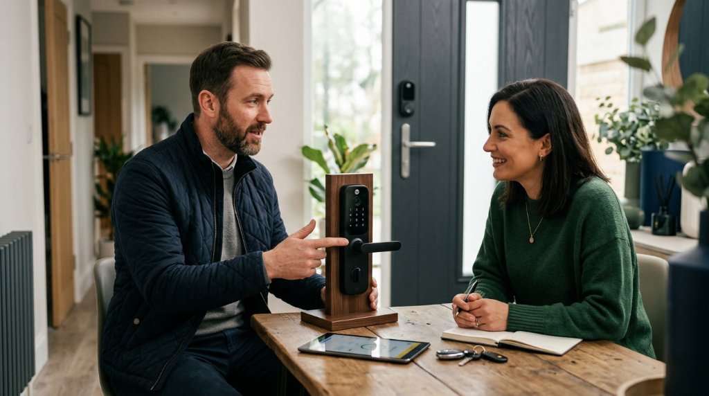 Tameside locksmith explaining smart lock options to a homeowner