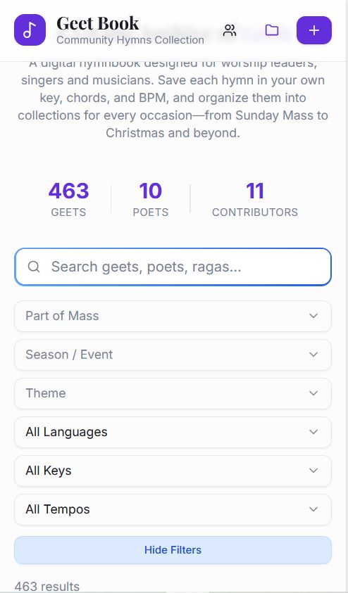 GeetBook search and filters