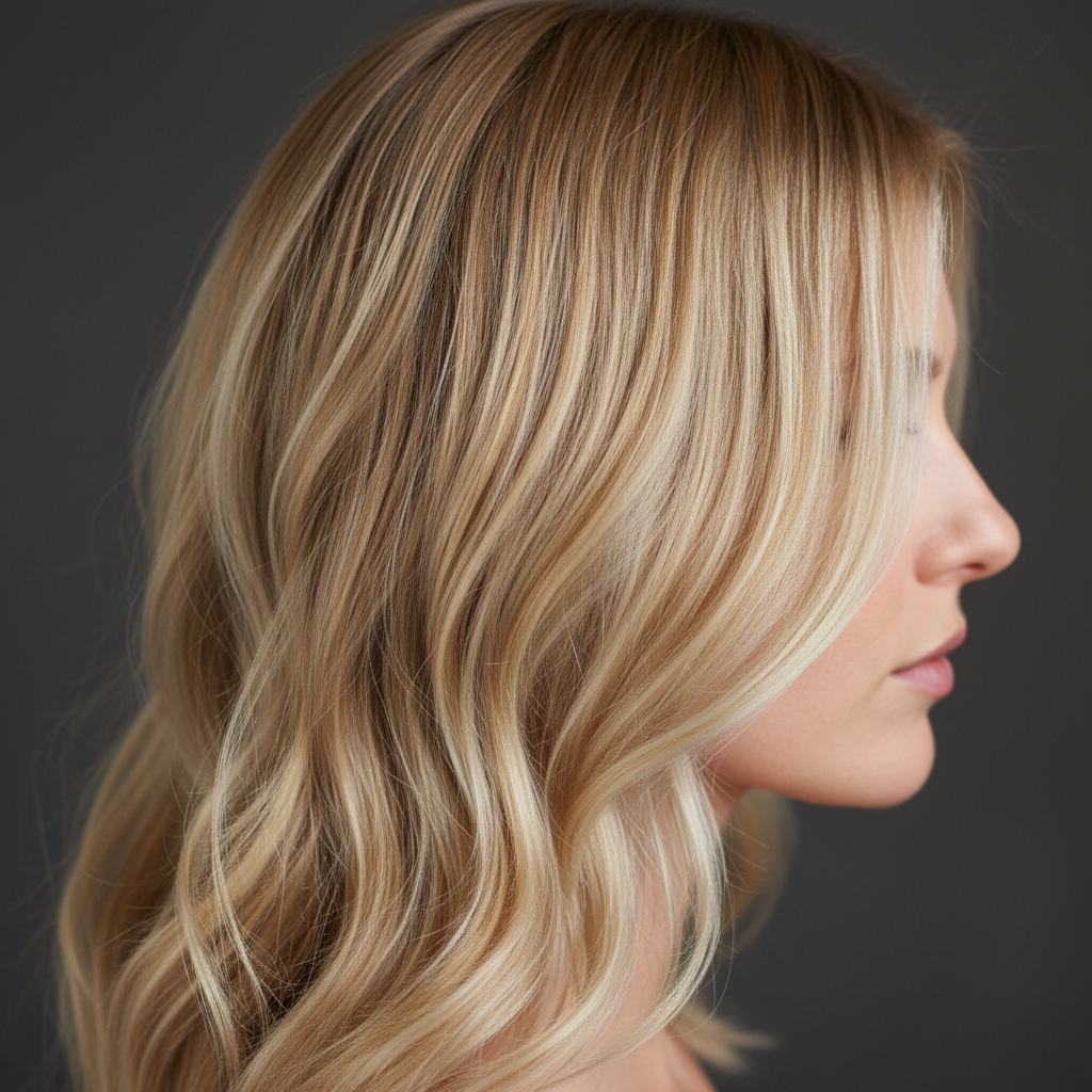 Option A — Natural platinum balayage, side/back, golden tones