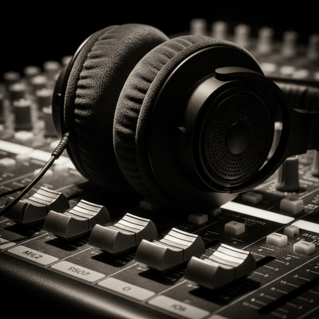 Casque audio posé sur une console de mixage