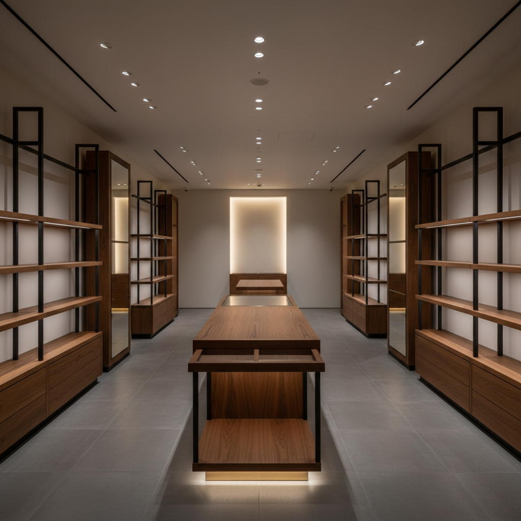 Custom retail fixture package with wood and metal displays