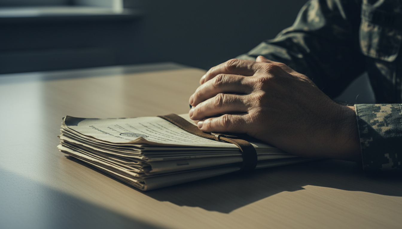 Weathered hands holding military documents on a modern desk