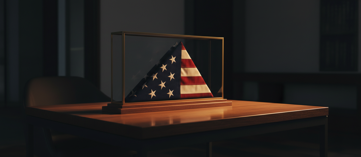 Folded American flag in a triangle display case on a modern desk, symbolizing honor and service
