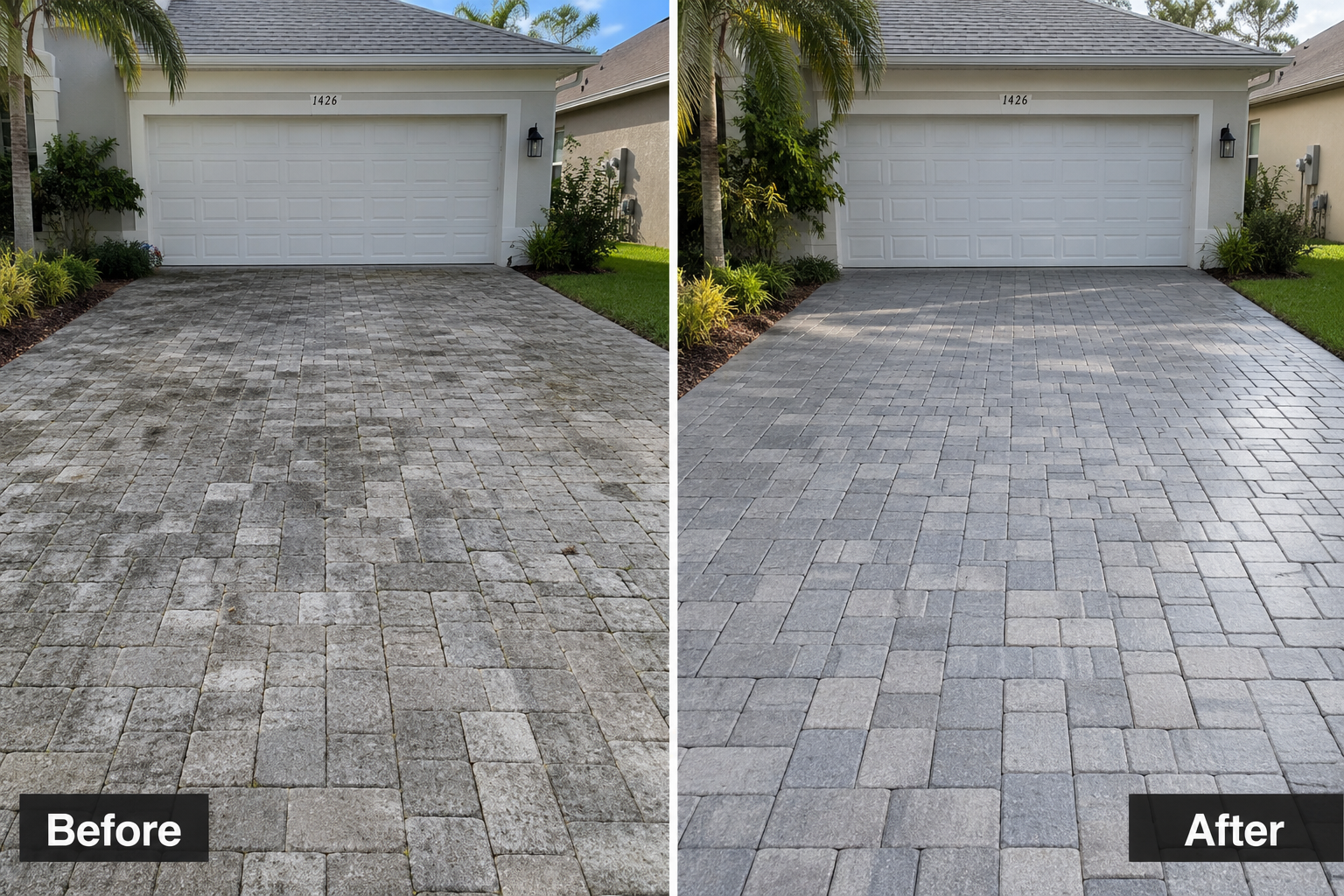 Before & After — same driveway, cleaned and sealed