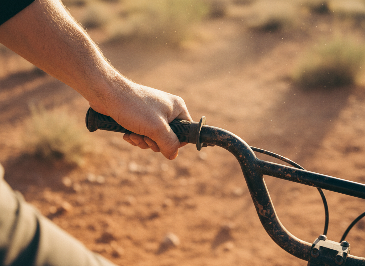 BMX handlebar macro on red dirt trail