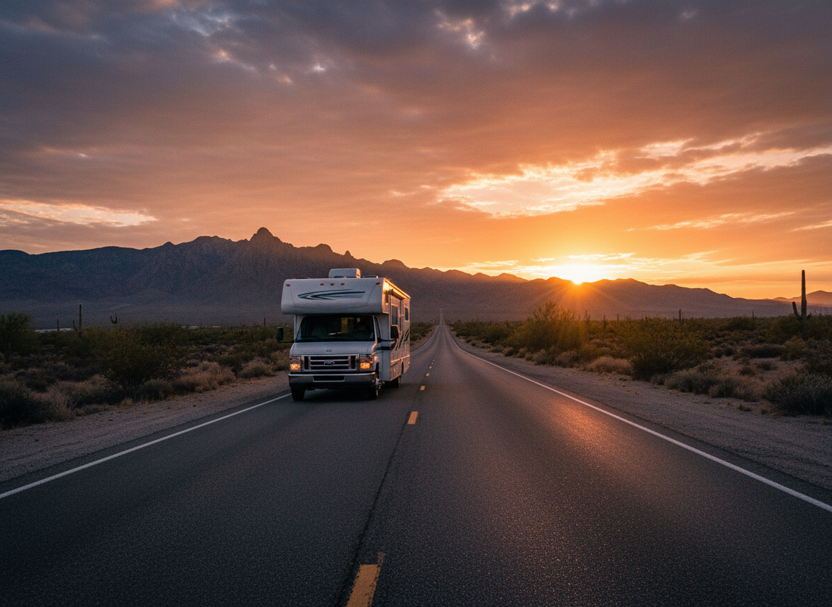 RV driving on desert highway at sunrise