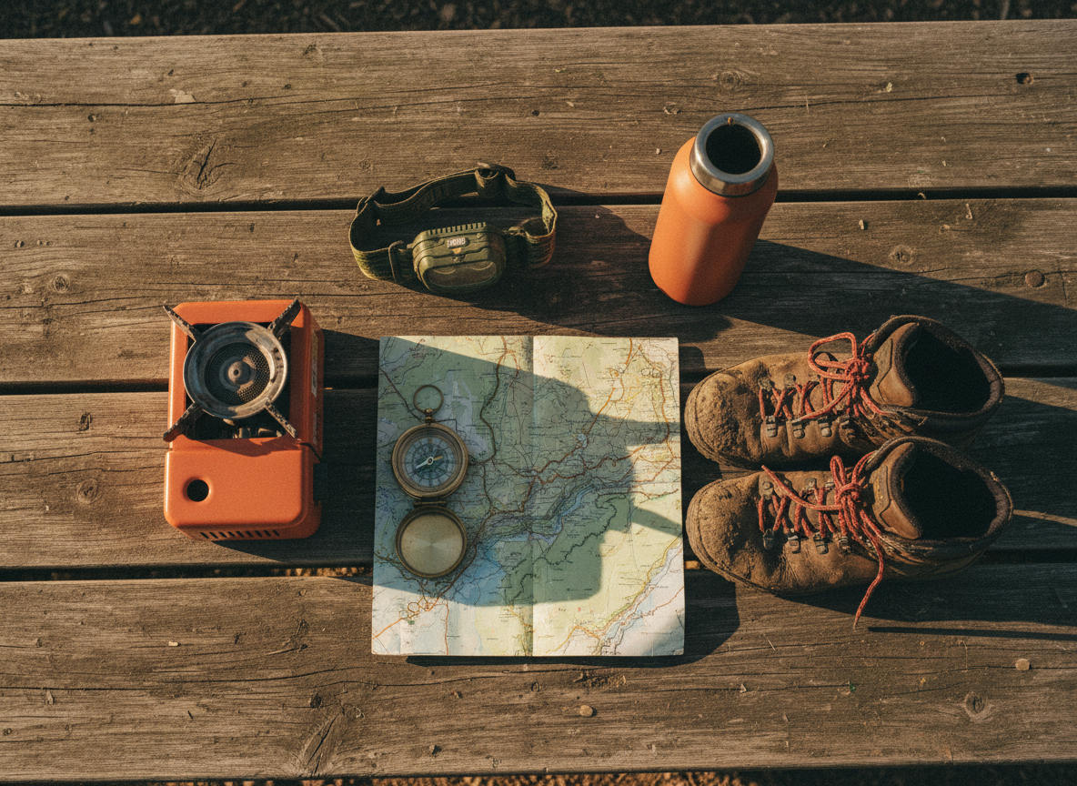Camping gear flat lay on wooden table