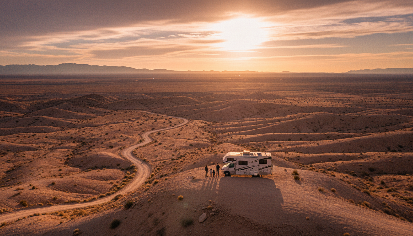 RV on desert ridge at golden hour