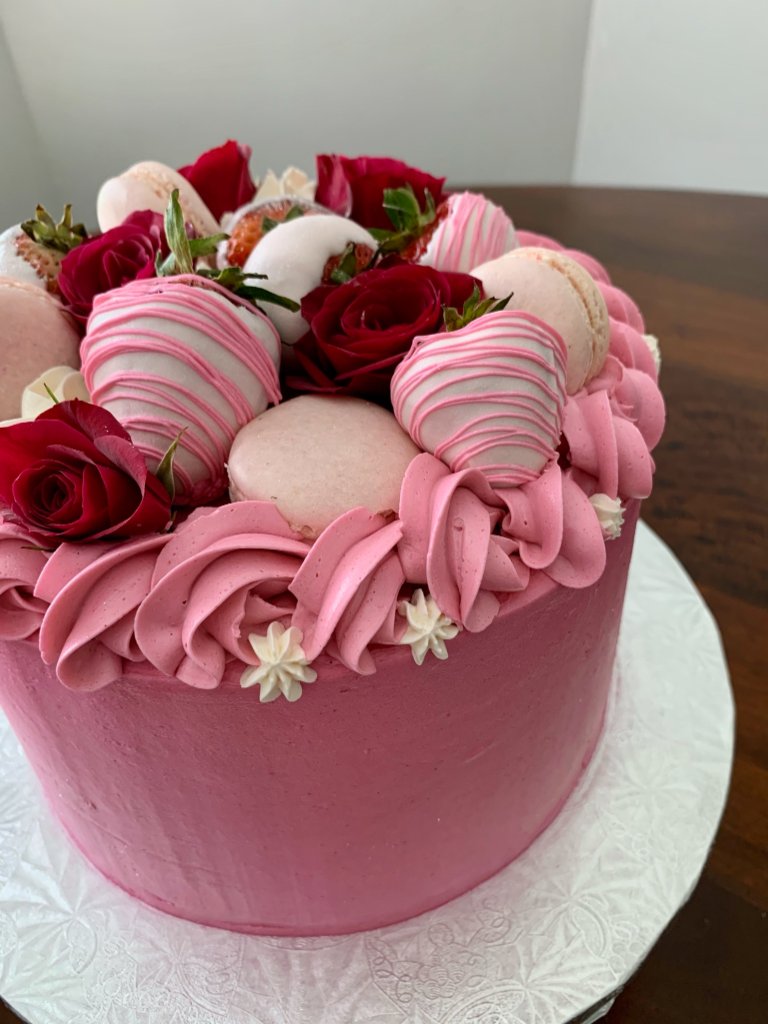 Pink Rose & Macaron Cake