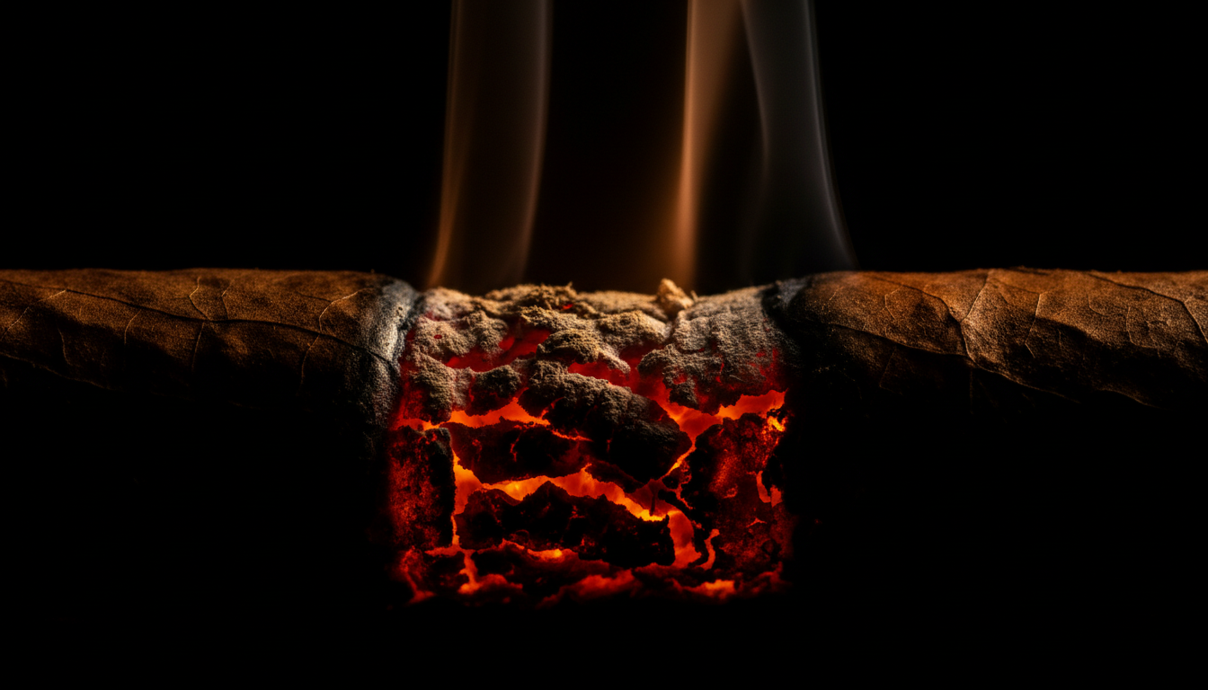 Glowing cigar ember in atmospheric darkness
