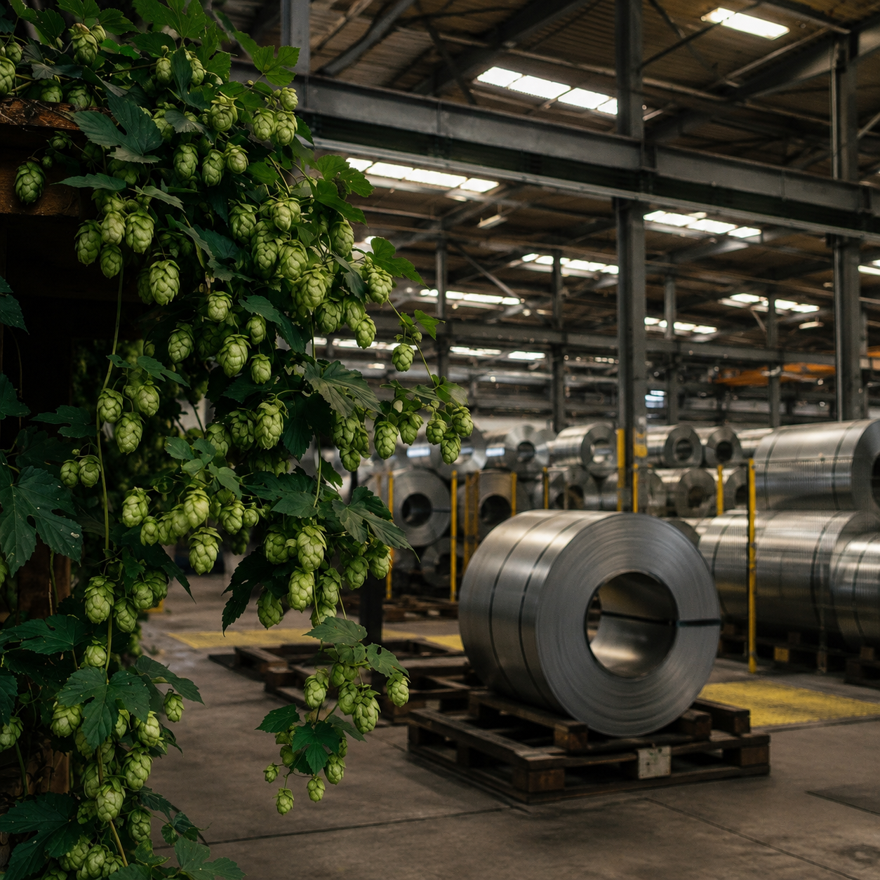 Hopfenpflanzen im Vordergrund vor einer industriellen Stahlstruktur