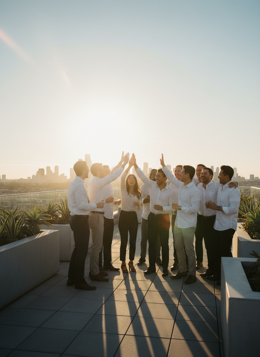 Team celebrating success on rooftop at sunset