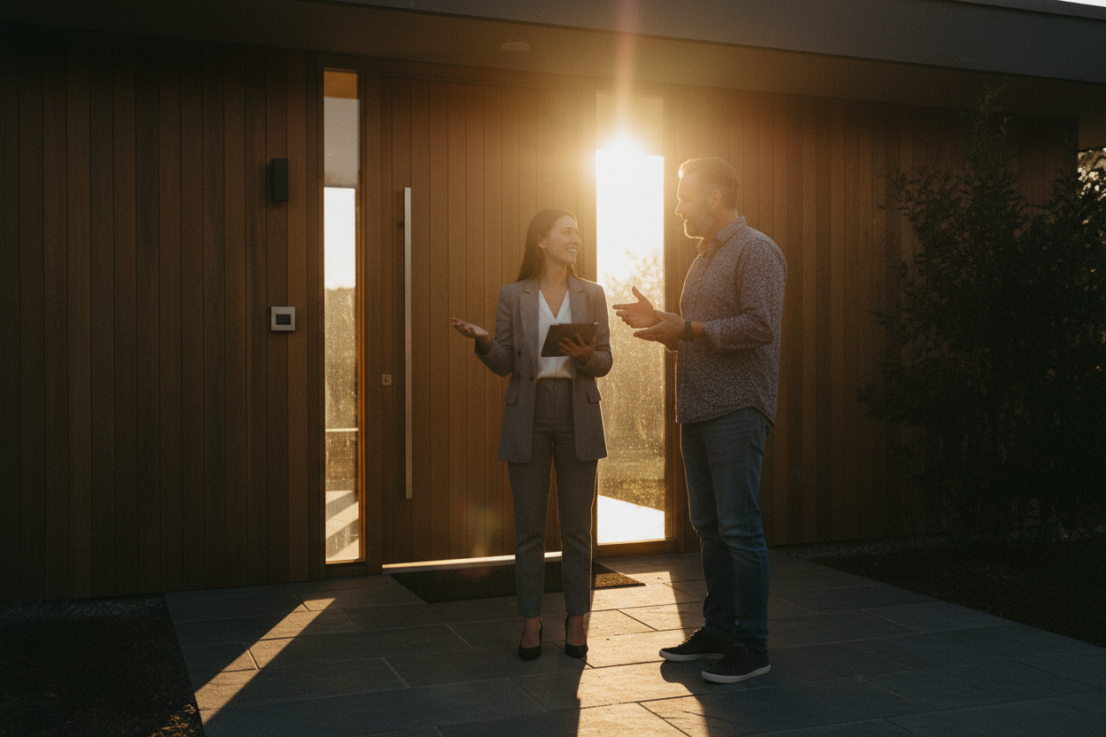 Solar consultant meeting with homeowner at golden hour
