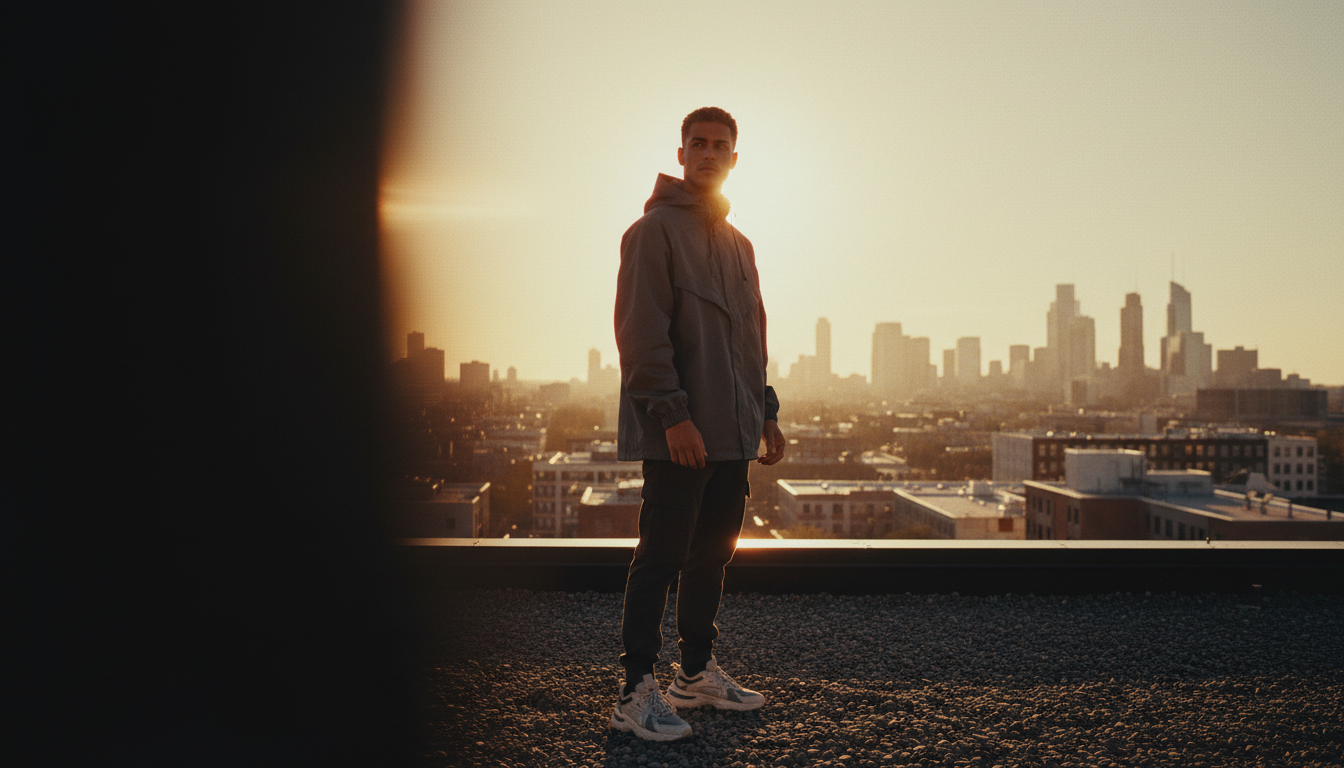 Ambitious professional overlooking city skyline at golden hour