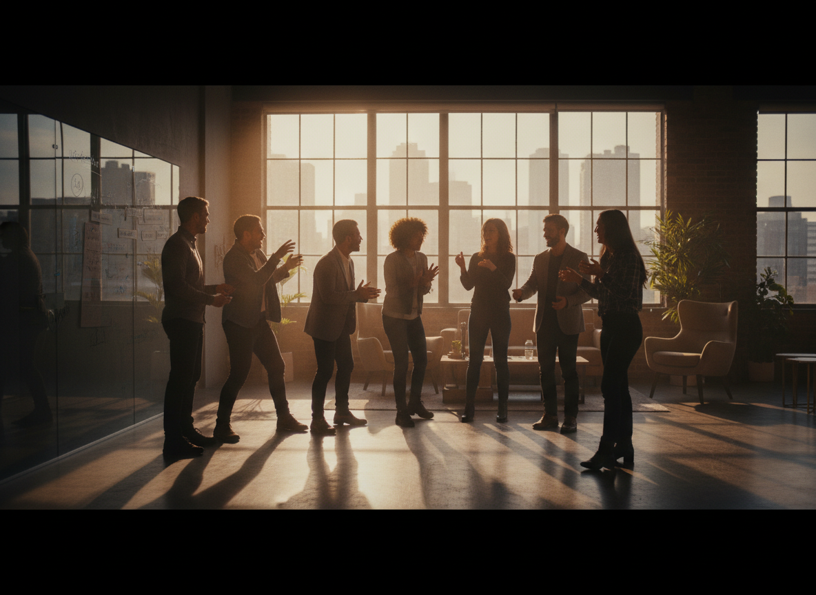 High-energy team strategy meeting in modern loft