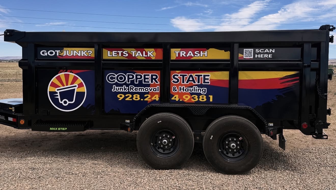 Dump Trailer Wrap — Copper State Junk Removal & Hauling Arizona flag color wrap with QR code